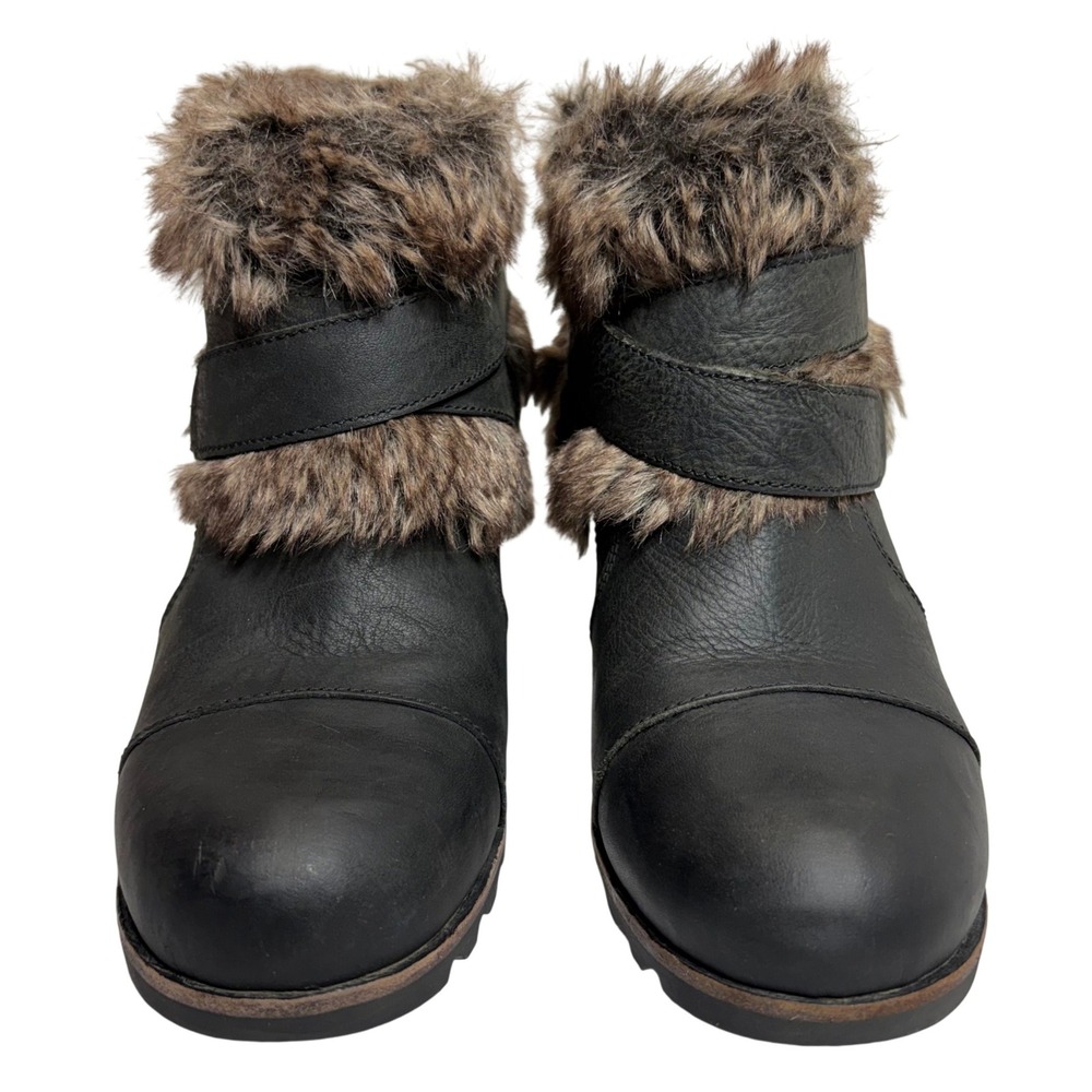 Sorel Joan of Arctic Wedge Ankle Boots Women's 8.5 Black Leather Brown Faux Fur